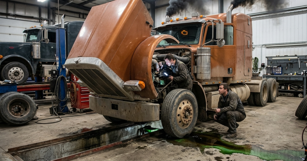 Mechanics working on a semi-truck engine in a garage.