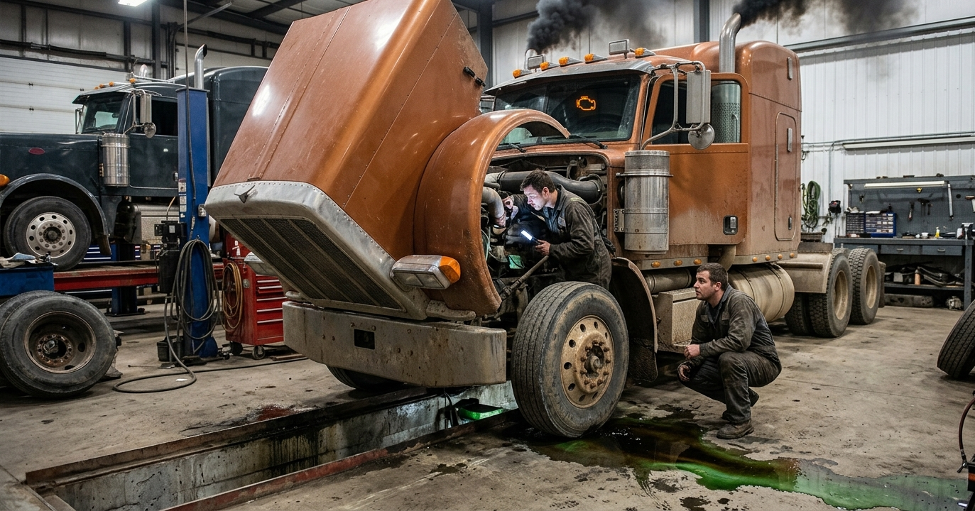 Mechanics working on a semi-truck engine in a garage.